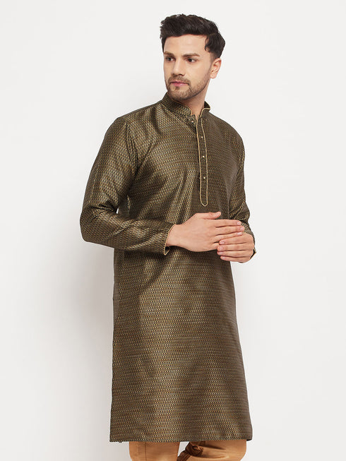 VASTRAMAY Men's Black And Gold Silk Blend Kurta